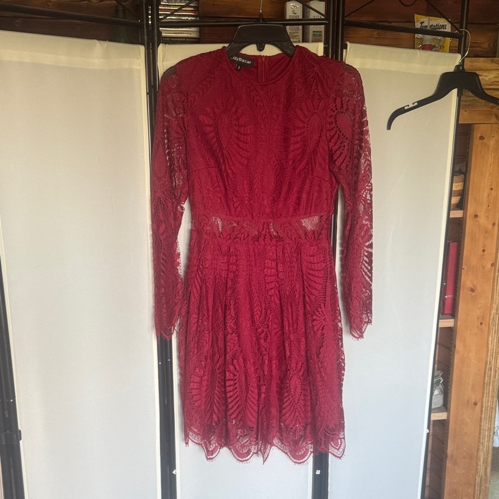 Chic Long Sleeve Burgundy Lace Dress